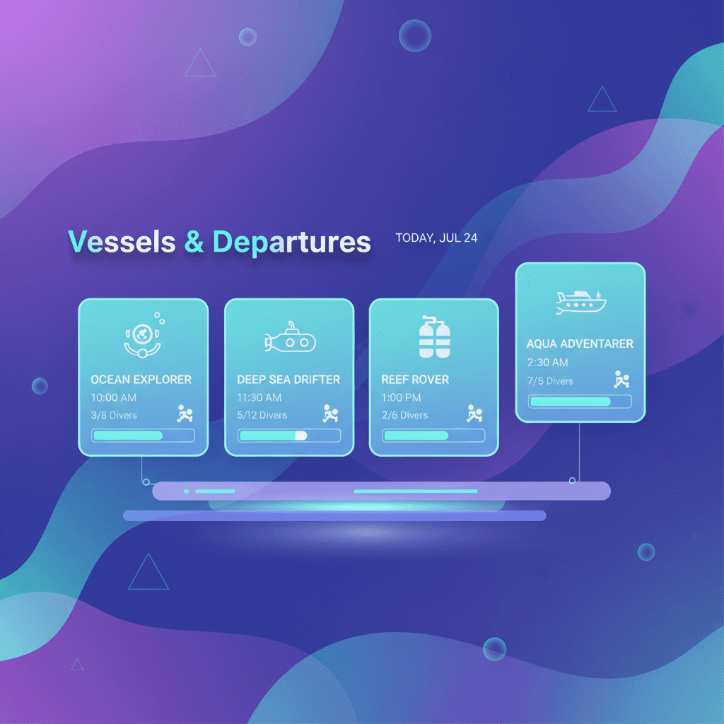 Dive board with vessel cards and departures
