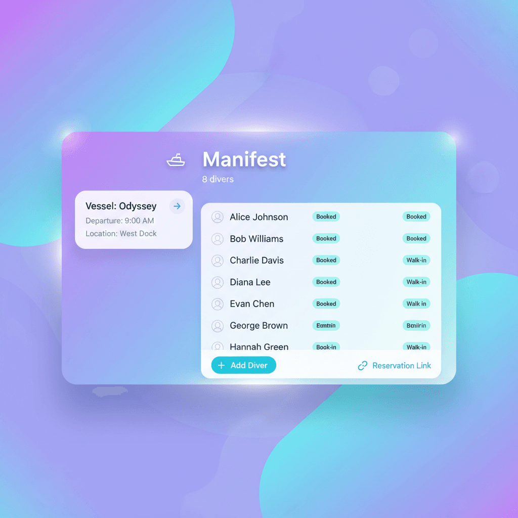 Diver manifest with booked and walk-in guests